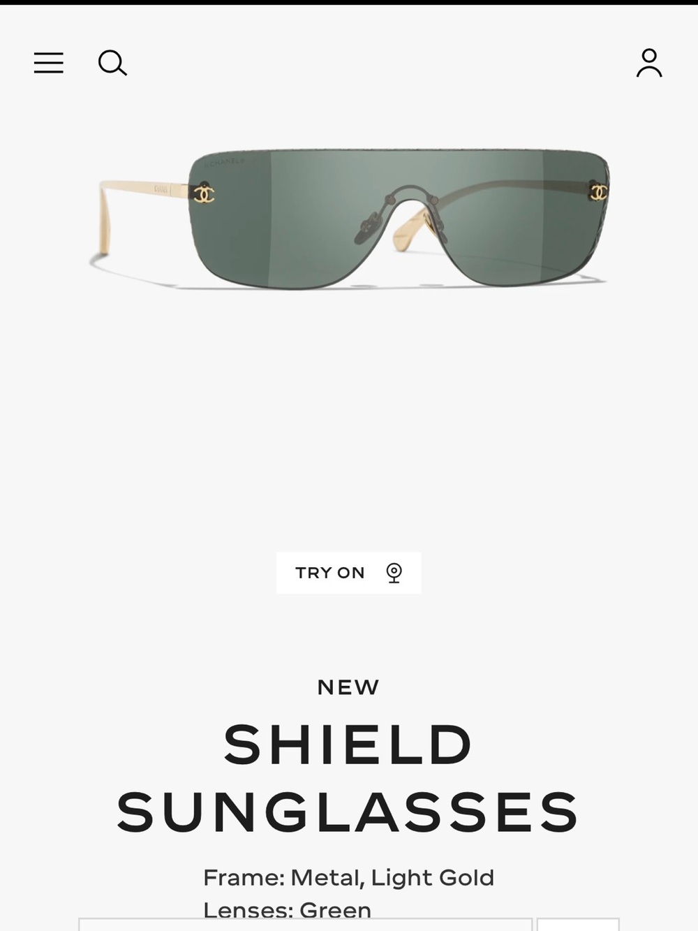 CHANEL Light Gold Frame Shield Sunglasses with Green Lenses